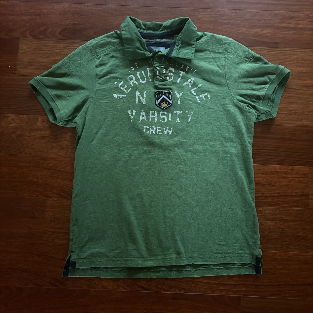Y2K Aéropostale Green Cotton Graphic Varsity Logo Polo Short Sleeve Men's 2XS